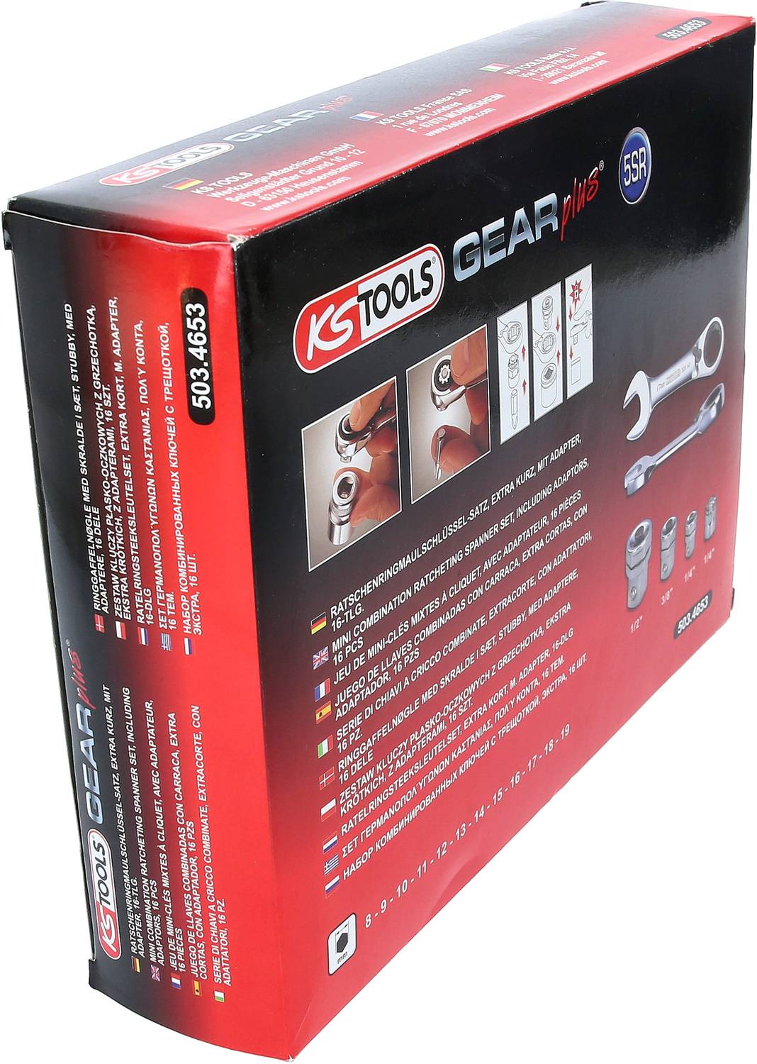 Obal sady račňových kľúčov KS Tools s obrázkami náradia, číslo modelu 503.4653, viacjazyčné informácie.