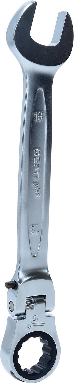 Strieborný kľúč s račňou, veľkosť 18 mm, leží kolmo na bielom pozadí.