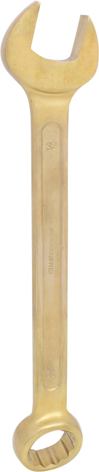 Otvorený prstencový kľúč z kovu, používaný pre mechanické práce, s jednou otvorenou a jednou uzavretou šesťhrannou stranou.