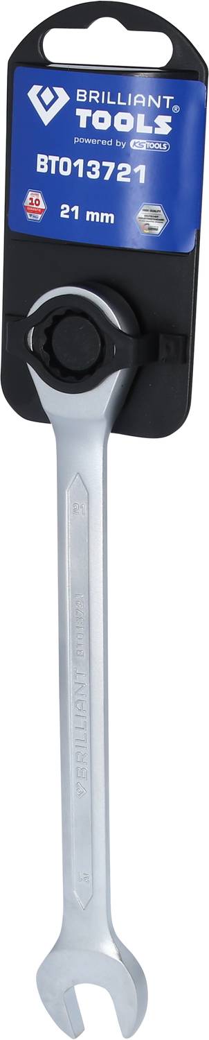 Strieborný skrutkovací kľúč značky 'Brilliant Tools', veľkosť 21 mm, na čiernom obale s modrým štítkom.