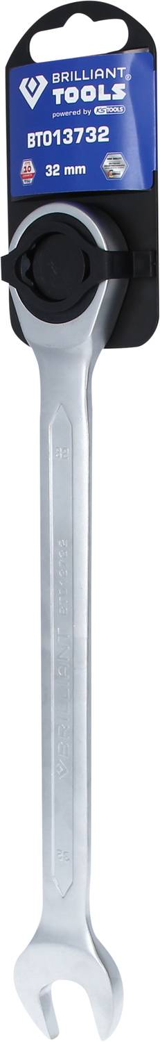 Strieborný francúzsky kľúč značky 'Brilliant Tools', veľkosť 32 mm, pripevnený na modrom obale produktu.