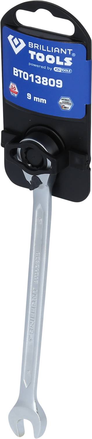 Strieborný vidlicový kľúč s hákovým úchopom na čiernom držiaku, značka 'Brilliant Tools', veľkosť 9 mm.