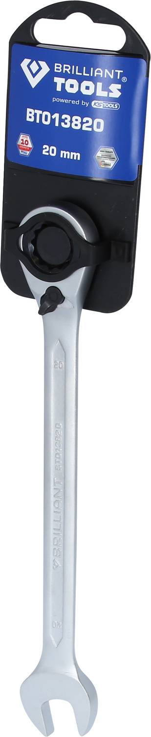 Strieborný 20 mm očkový kľúč značky Brilliant Tools, model BT013820, umiestnený v čiernom držiaku.