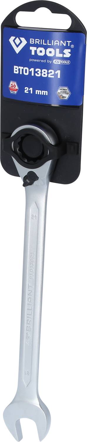 Račňový kľúč 'Brilliant Tools', 21 mm, striebornej farby, s čiernym držiakom.