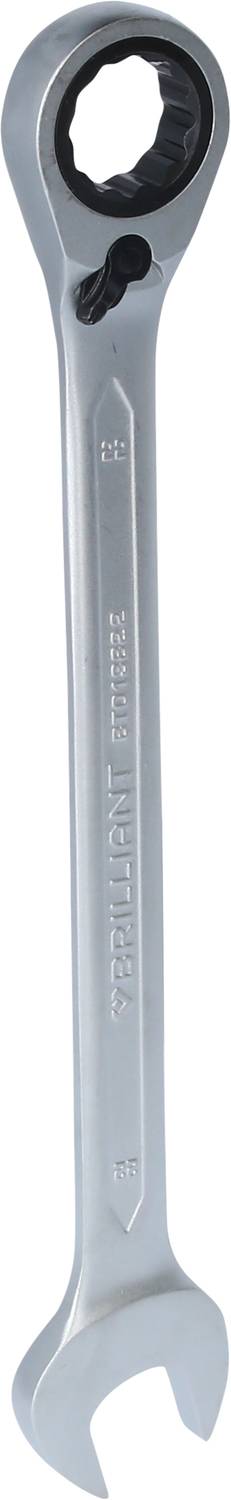 Strieborný kľúč s otvoreným koncom a račňovým mechanizmom na druhej strane, vyrobený z lesklého kovu.