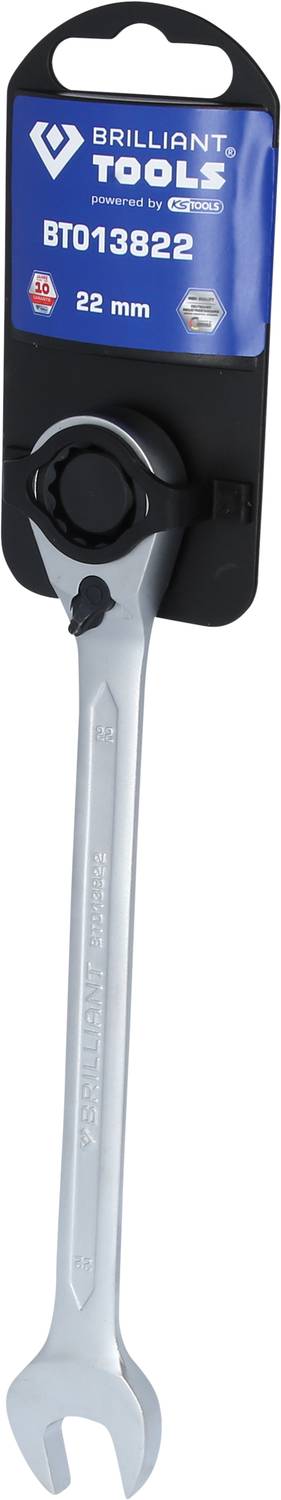 Strieborný krúžkový kľúč značky 'Brilliant Tools' s račňovou funkciou a veľkosťou 22 mm, zobrazený na obale.