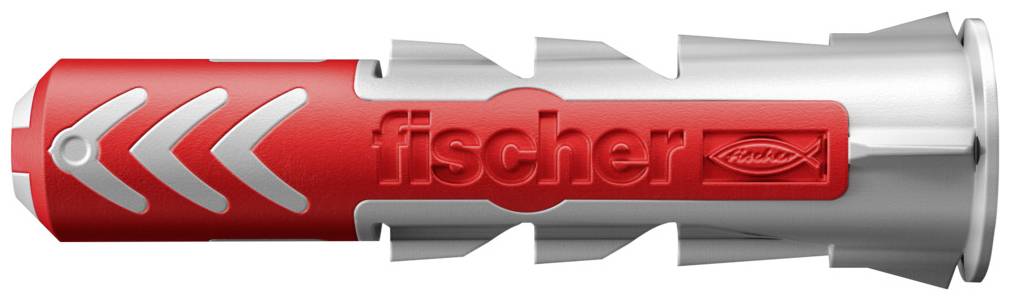 Červený a strieborný Fischer hmoždinka, upevňovací prvok do stien, s firemným logom uprostred.