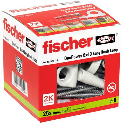 Krabica kotiev do múru Red Fischer DuoPower 8x40 EasyHook Loop s oknom zobrazujúcim 25 kusov, s oknom odhaľujúcim biele háky a skrutky.