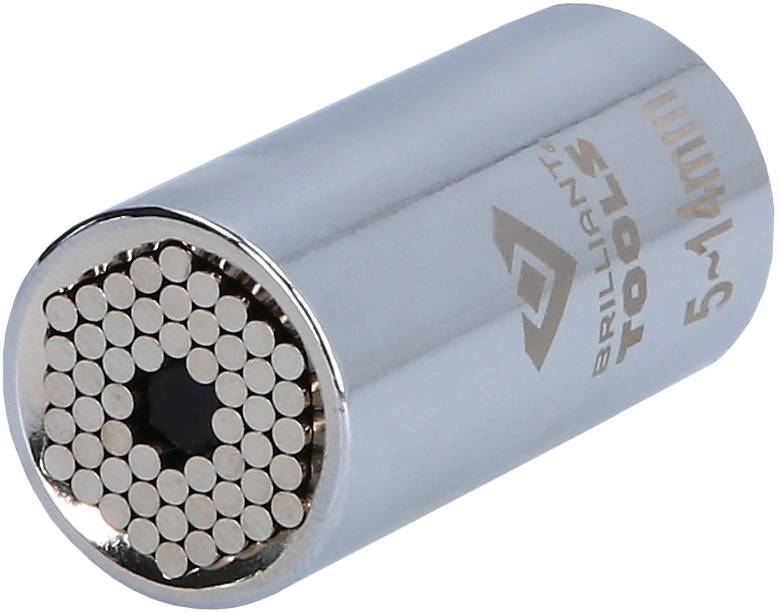 Nástavec kľúča v striebornej, valcovitej forme, označený nápisom 'BRILLIANT TOOLS 5-14mm'. Navrhnutý pre rôzne veľkosti hláv skrutiek.