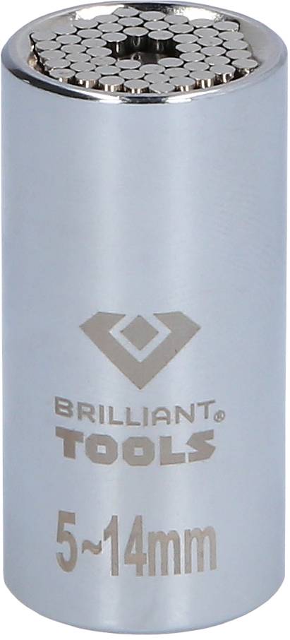 Kovový adaptér na kľúč s nápisom 'Brilliant Tools', vhodný pre veľkosť 5-14 mm.