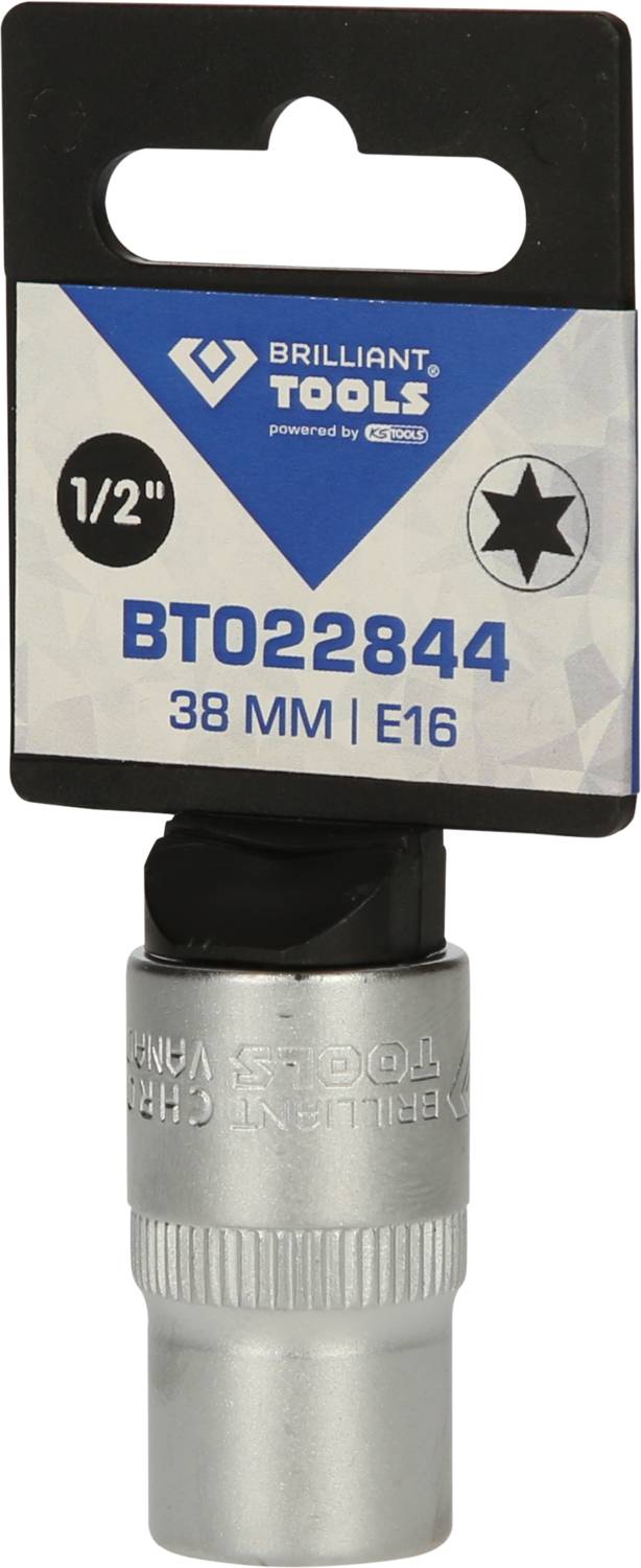 Nástrčkový kľúč od Brilliant Tools, 1/2" pohon, veľkosť 38 mm E16. Používa sa prevažne na dotiahnutie alebo uvoľnenie skrutiek.