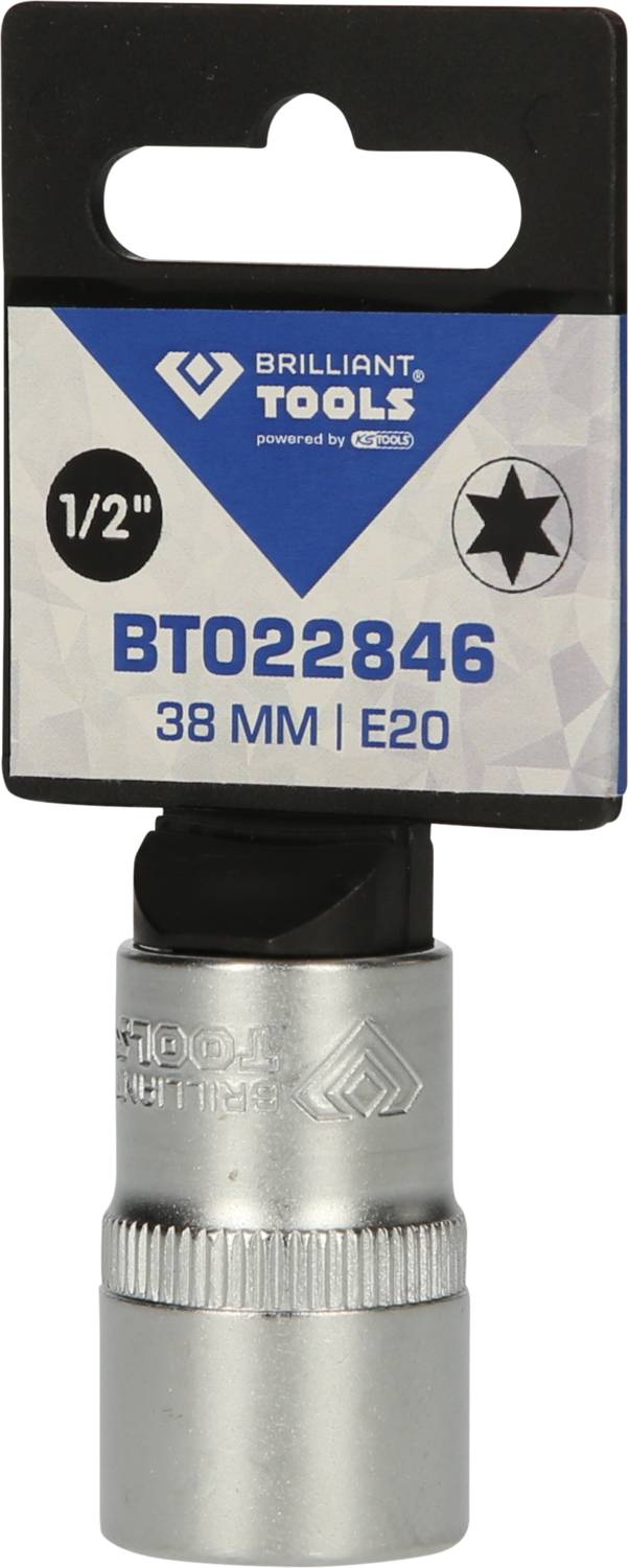 Modrý nástavec na náradie s označením '1/2"', modelové číslo BT022846, veľkosť 38 mm. Výrobcom je Brilliant Tools.