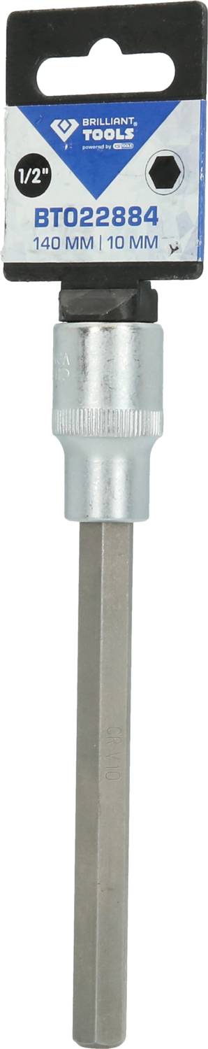 Šesťhranný bitový nadstavec. Na obale je uvedené 'BT022884', dĺžka: '140 mm', pohon: '10 mm'.