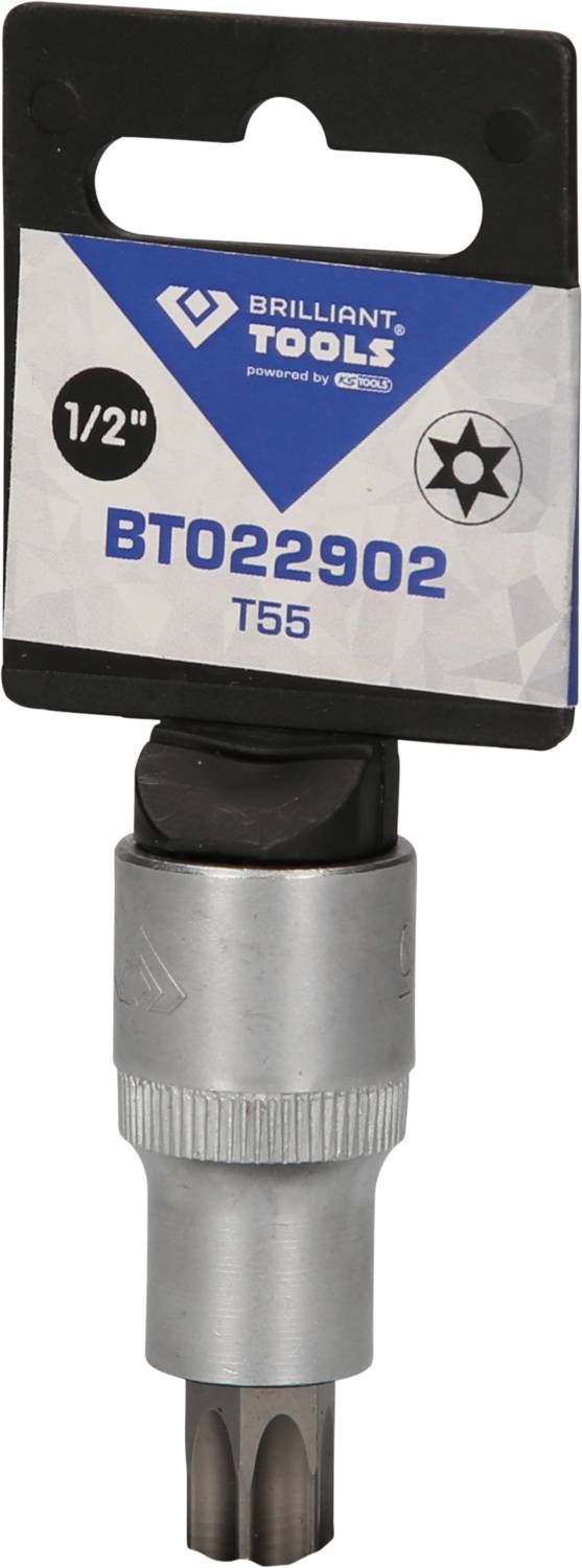 'Brilliant Tools' T55 Torx bit, veľkosť 1/2 palca, kov, v balení.