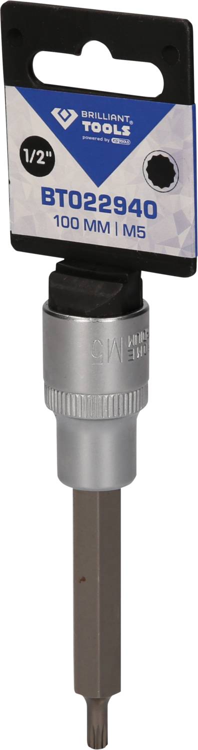 Kovový nadstavec skrutkovača so šesťhrannou stopkou, 100 mm dlhý, veľkosť M5, zabalený s etiketou značky 'Brilliant Tools'.