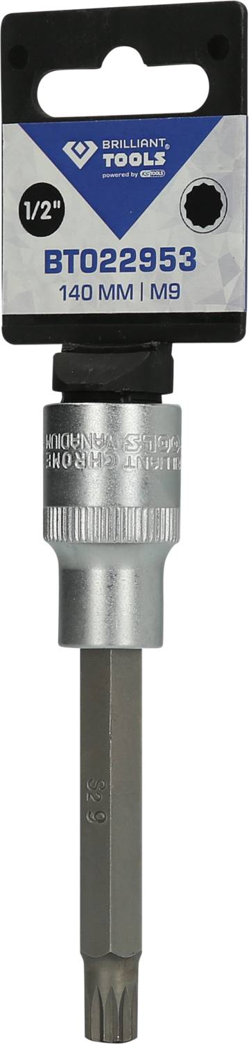 Šesťhranný nástrčný kľúč s 1/2 palcovým pohonom, dĺžka 140 mm, veľkosť M9, od firmy Brilliant Tools. Zabalený s modrým štítkom.