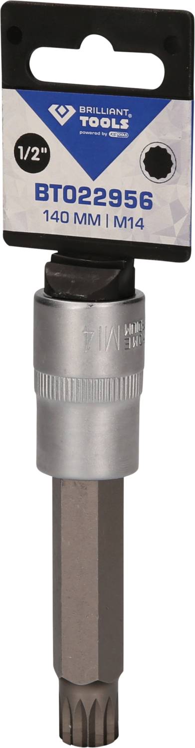 Obojstranný bit od Brilliant Tools, 1/2 palca, modelové číslo BT022956, dĺžka 140 mm, M14, pripevnený na blistrovej karte.