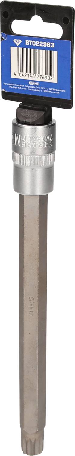 Strieborný Torx bit s dlhým driekom v modrom obale. Produkt určený pre remeselné použitie, ako sú skrutkovacie práce.