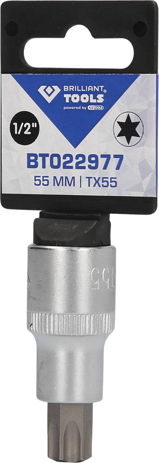 Nástrčkový kľúč 'BRILLIANT TOOLS BT022977, 55 mm, TX55, 1/2"' znázornený s čiernym držiakom.