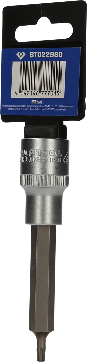 Kovový skrutkovací bit s šesťhrannou rukoväťou, striebornej a čiernej farby. Balenie s čiarovým kódom a produktovým kódom 'BT022980'.