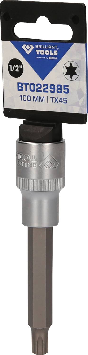 Skrutkovací bit 'BRILLIANT TOOLS' s dĺžkou 100 mm, TX45, so 1/2'' šesťhrannou stopkou, sivý metalický povrch.