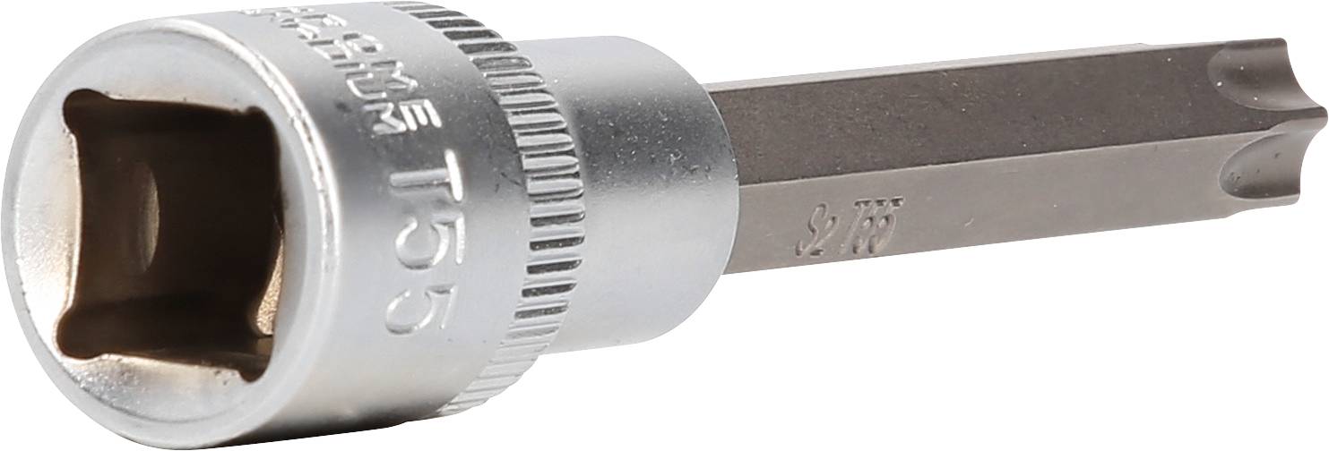Strieborný Torx bit T55 s šesťhrannou stopkou, určený na použitie so skrutkovými kľúčmi alebo račňami.