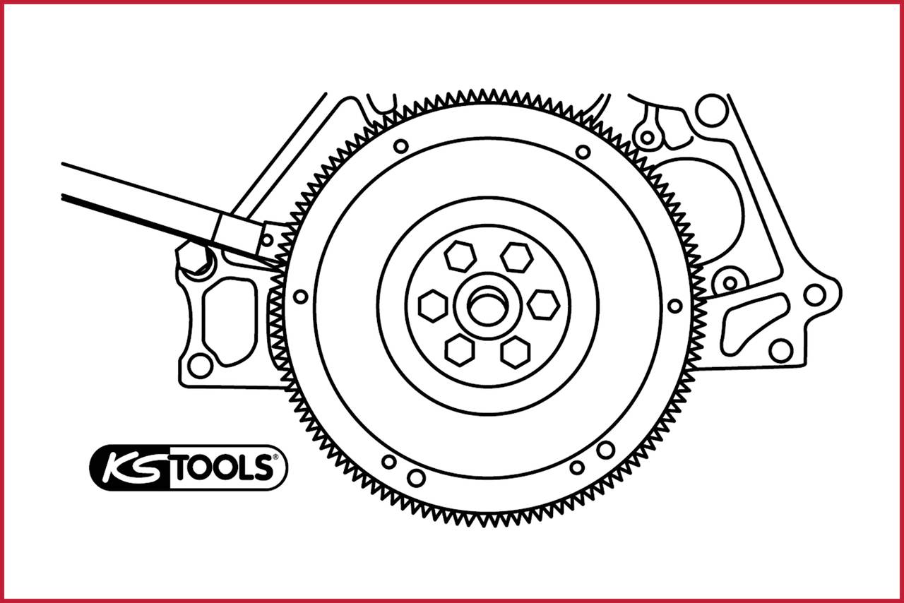 Ilustrácia zotrvačníka na motorovom bloku. Logo značky 'KS TOOLS' v ľavom dolnom rohu.