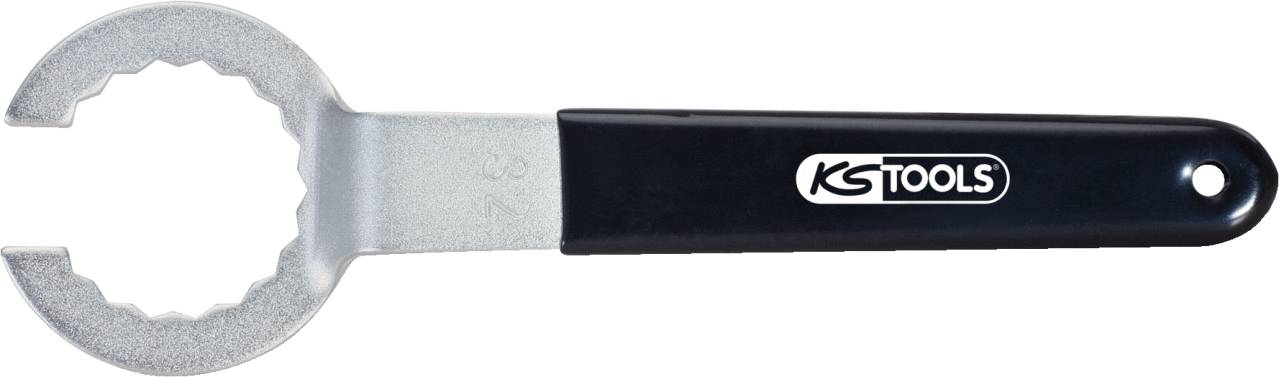 Strieborný francúzsky kľúč s čiernou rukoväťou a logom 'KS Tools', používaný na uťahovanie alebo uvoľňovanie skrutiek.