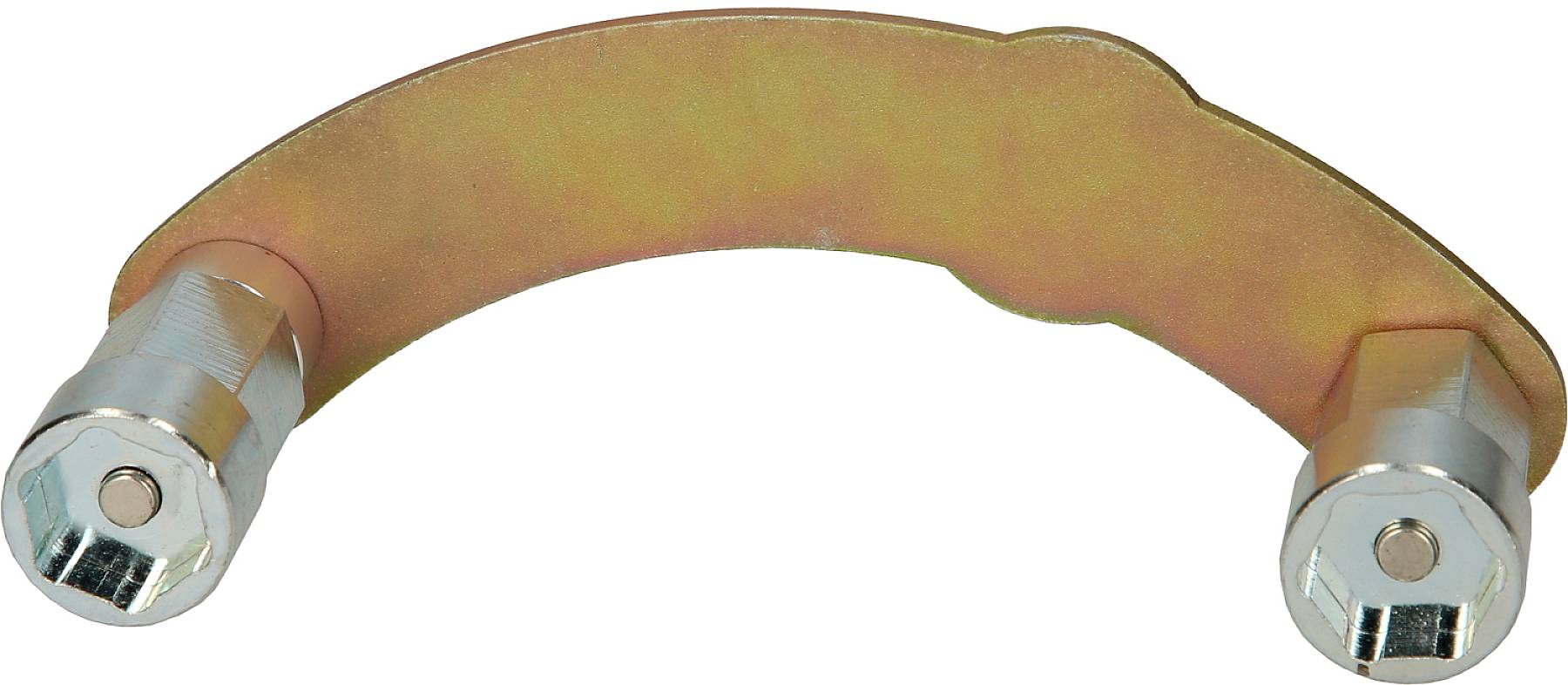 Zakrivený kovový nástroj s dvoma šesťhrannými upevneniami na koncoch, pravdepodobne určený na upínanie alebo nastavovanie zariadení.