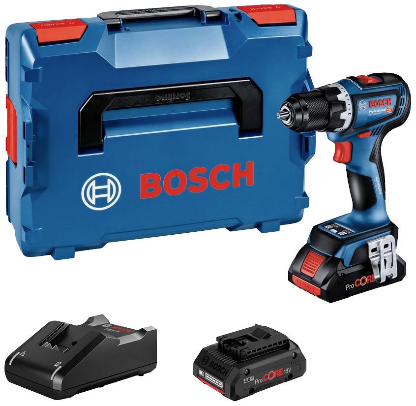 Aku vŕtačka s nabíjacou stanicou a akumulátorom pred modrým kufríkom, všetky s logom Bosch.