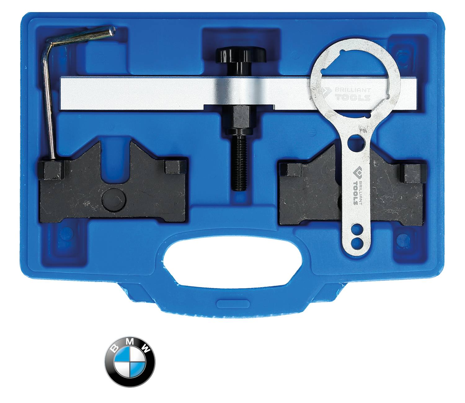Modrý kufrík s náradím obsahujúci rôzne automobilové nástroje vrátane francúzskeho kľúča, imbusového kľúča a napínacieho nástroja. Logo BMW v ľavom dolnom rohu.
