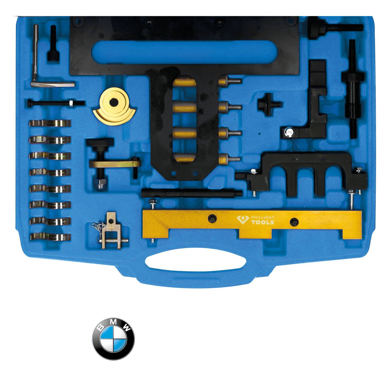 Modrý kufrík na náradie s rôznymi špeciálnymi nástrojmi vrátane kľúčov a presných nástrojov. Logo BMW dole.