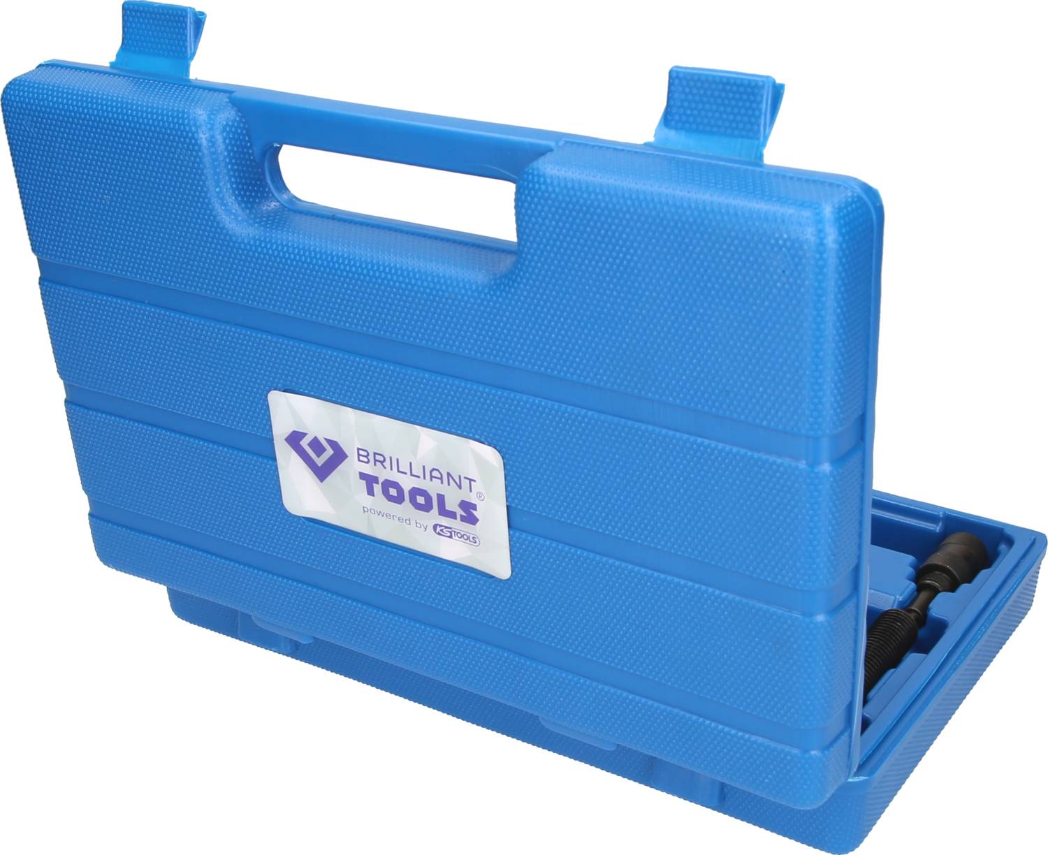 Modrý box na náradie s nápisom 'Brilliant Tools'. Box je zatvorený, ale poskytuje malý náhľad do vnútorného priestoru.