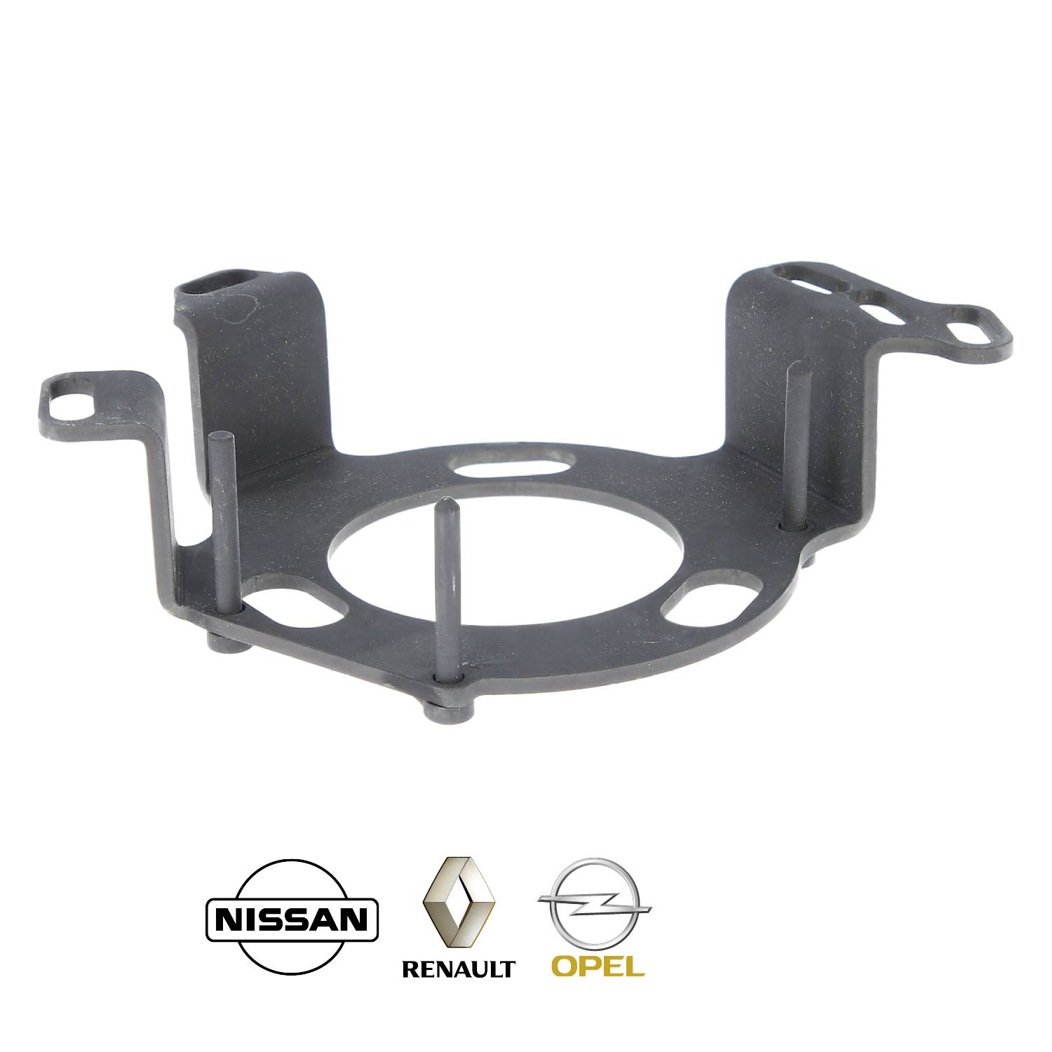 Kovový držiak v kruhovom tvare so štyrmi upevňovacími bodmi, znázornený s logami Nissan, Renault a Opel pod ním.