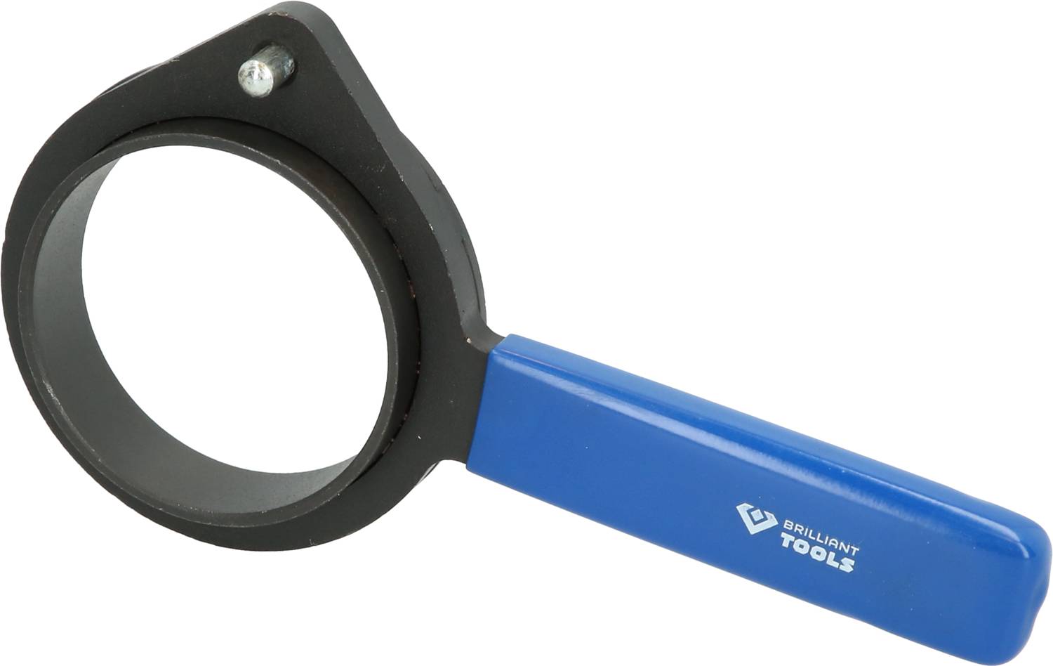 Čierny kovový kľúč s modrým držadlom, často používaný pre palivové filtre alebo olejové filtre v automechanike.
