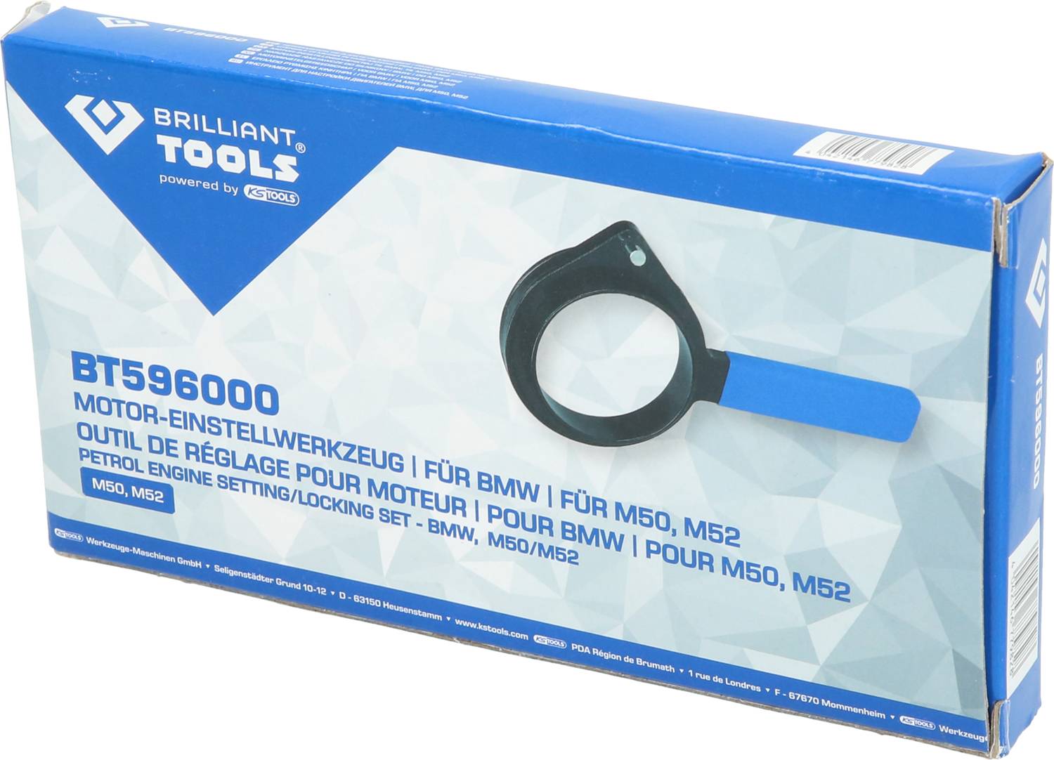 Balenie nastavovacej sady náradia pre motory BMW M50, M52. Obsahuje čierne/matné náradie s modrým držadlom. Značka: Brilliant Tools.