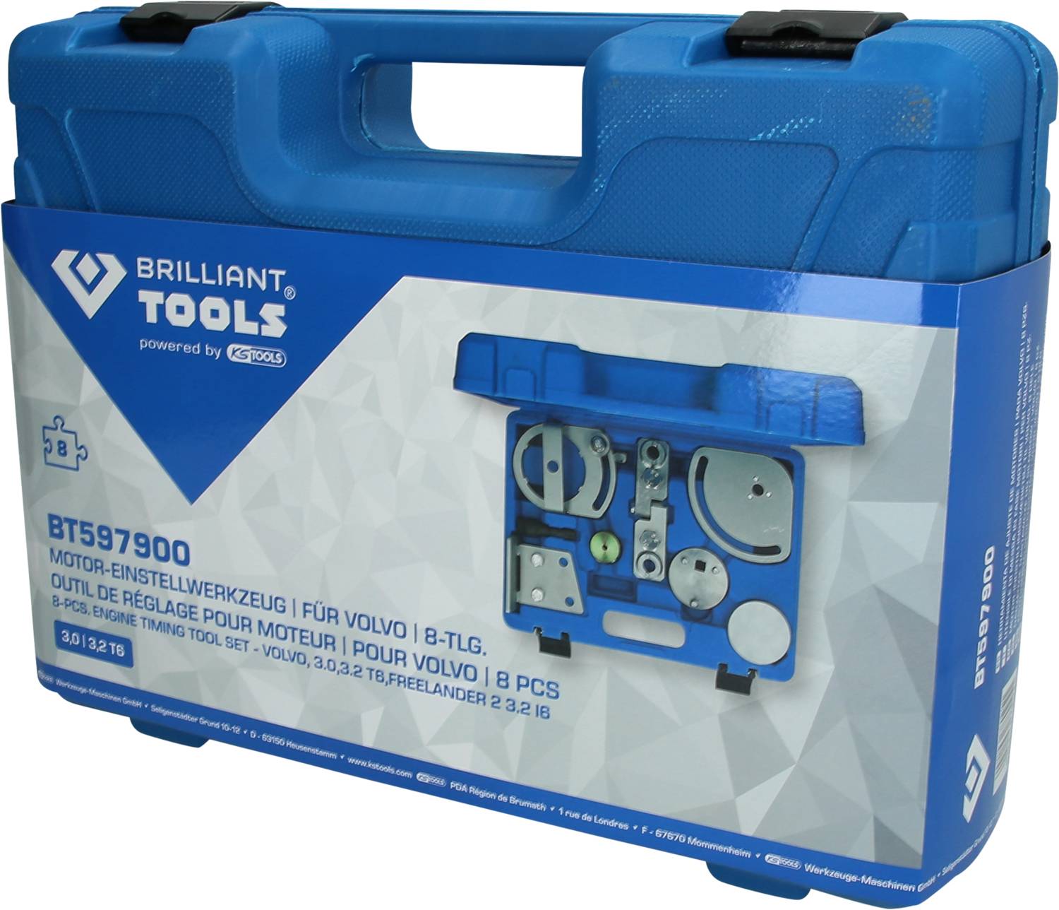 Modrý kufor značky 'Brilliant Tools' s nastavovacími nástrojmi pre motor, špecifický pre vozidlá Volvo, 8-dielna sada.