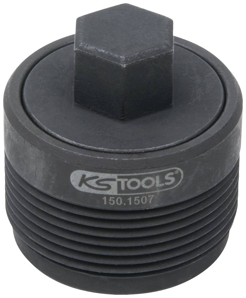 Čierny nástavec kľúča s šesťhrannou objímkou. Nápis: 'KS TOOLS 150.1507'.