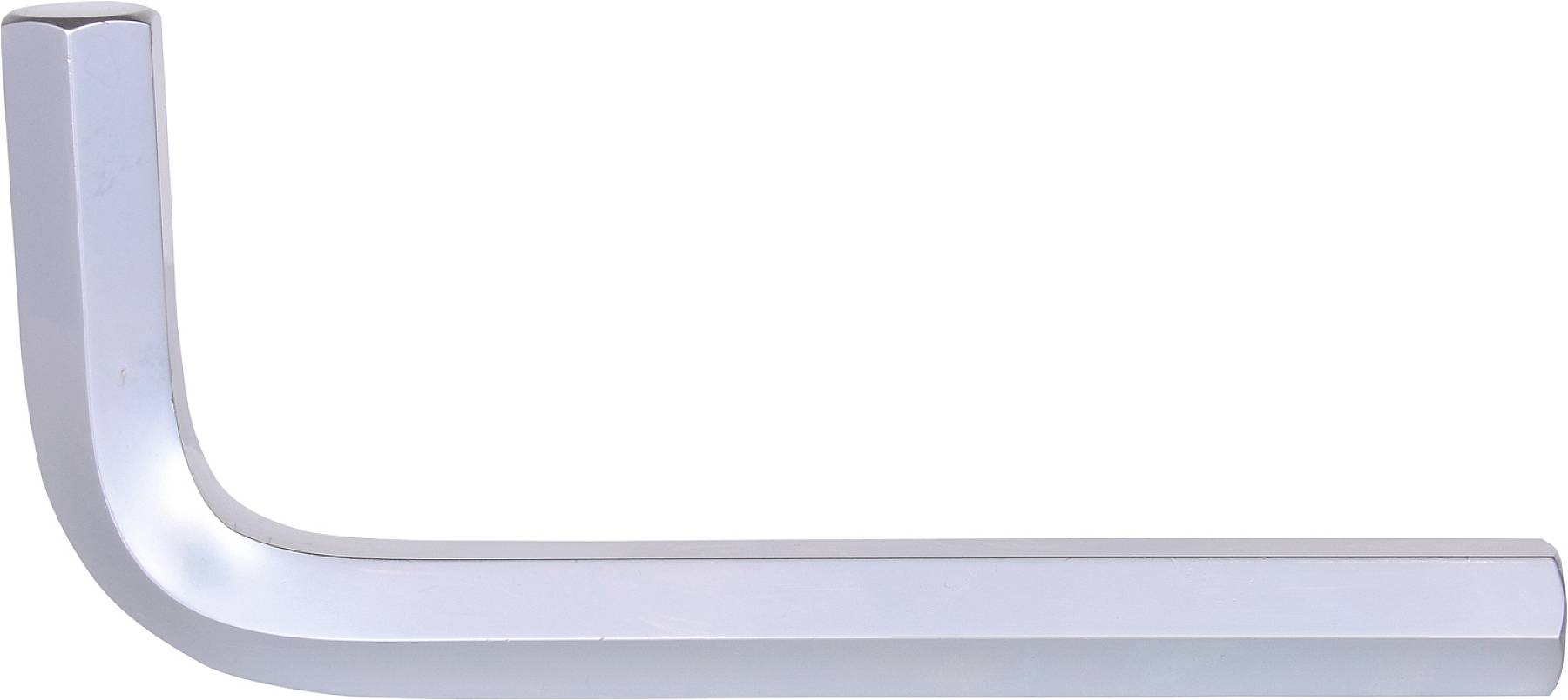 Šesťhranný kľúč v tvare L vyrobený z kovu, používaný na uťahovanie alebo uvoľňovanie skrutiek s vnútorným šesťhranom.