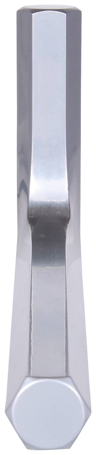 Strieborný šesťuholníkový kovový kľúč je zobrazený spredu v čelnom pohľade.