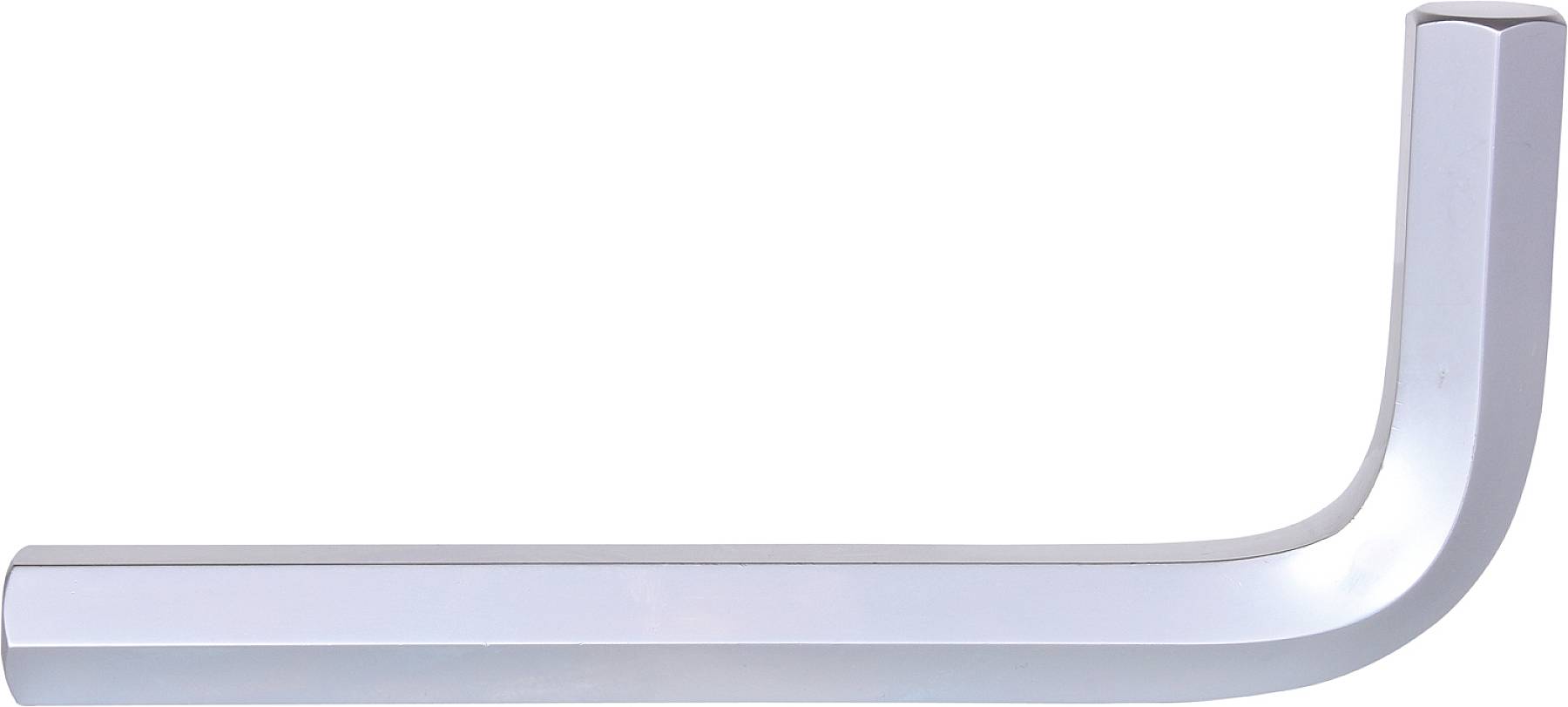 Strieborný šesťhranný kľúč, prehnutý o 90 stupňov, leží na bielom pozadí. Primárne sa používa pre skrutky s vnútorným závitom.