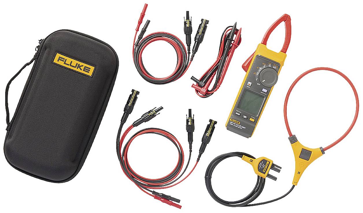 Multimeter set s kufríkom, káblami, meracími prístrojmi a svorkami, ktorý sa používa v elektronickom kontexte na meranie napätia a prúdu.