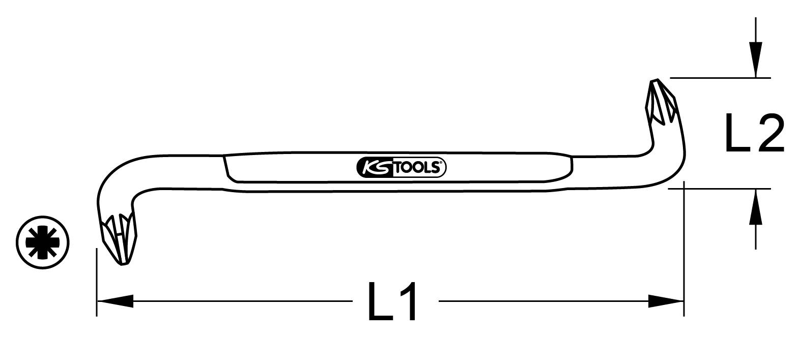 Ilustrácia obojstranného vidlicového kľúča s označeniami dĺžok L1 a L2. Logo KSTOOLS viditeľné v strede.