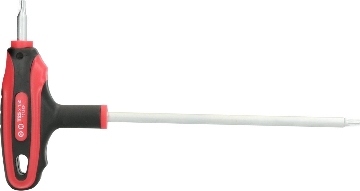 T-formový skrutkovač s červenou a čiernou rukoväťou, dlhá rukoväť, hrot vhodný pre skrutky Torx.