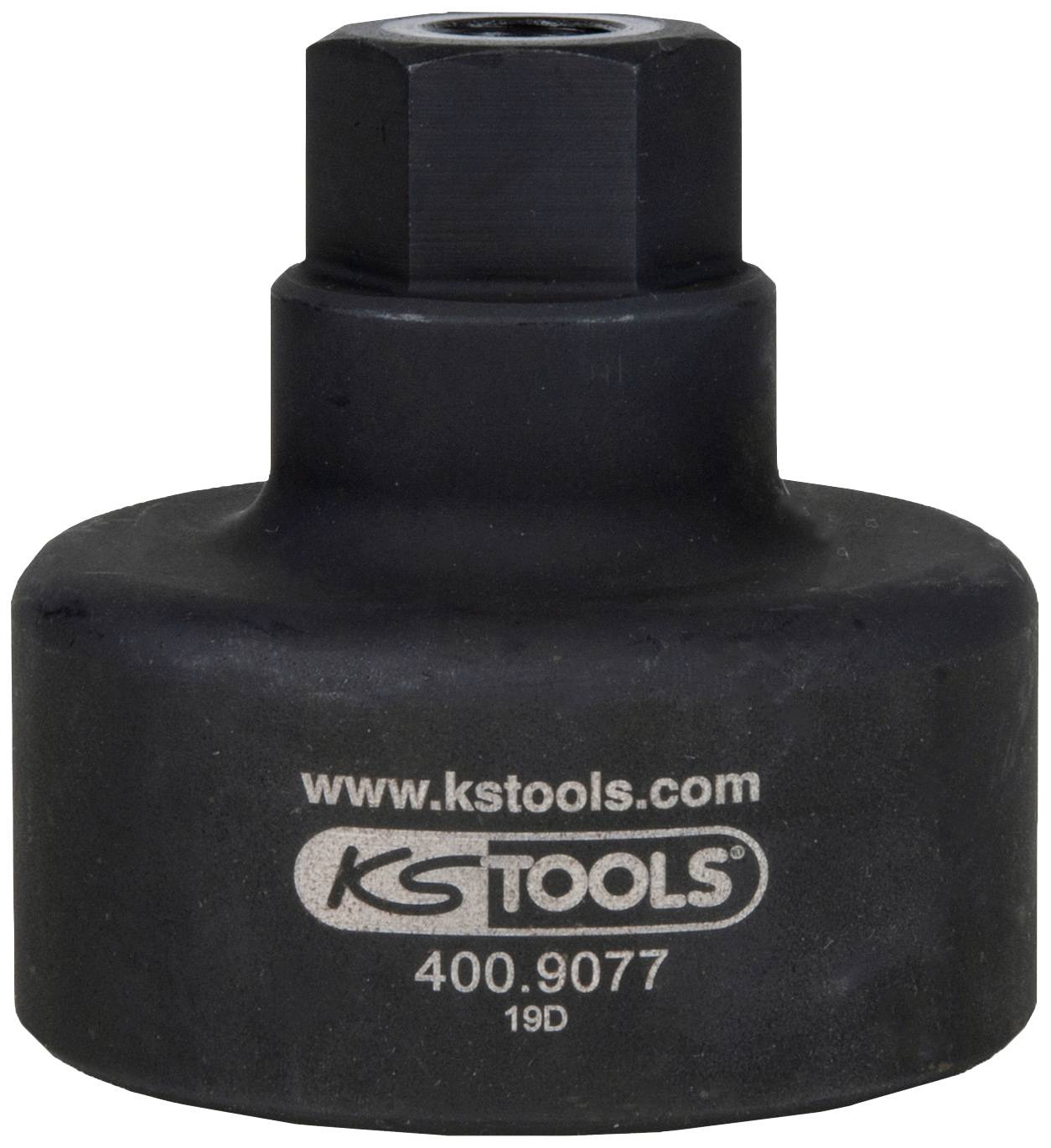 Kľúč na vstrekovacie trysky z čierneho kovu s nápisom 'www.kstools.com, KS TOOLS, 400.9077, 19D'.