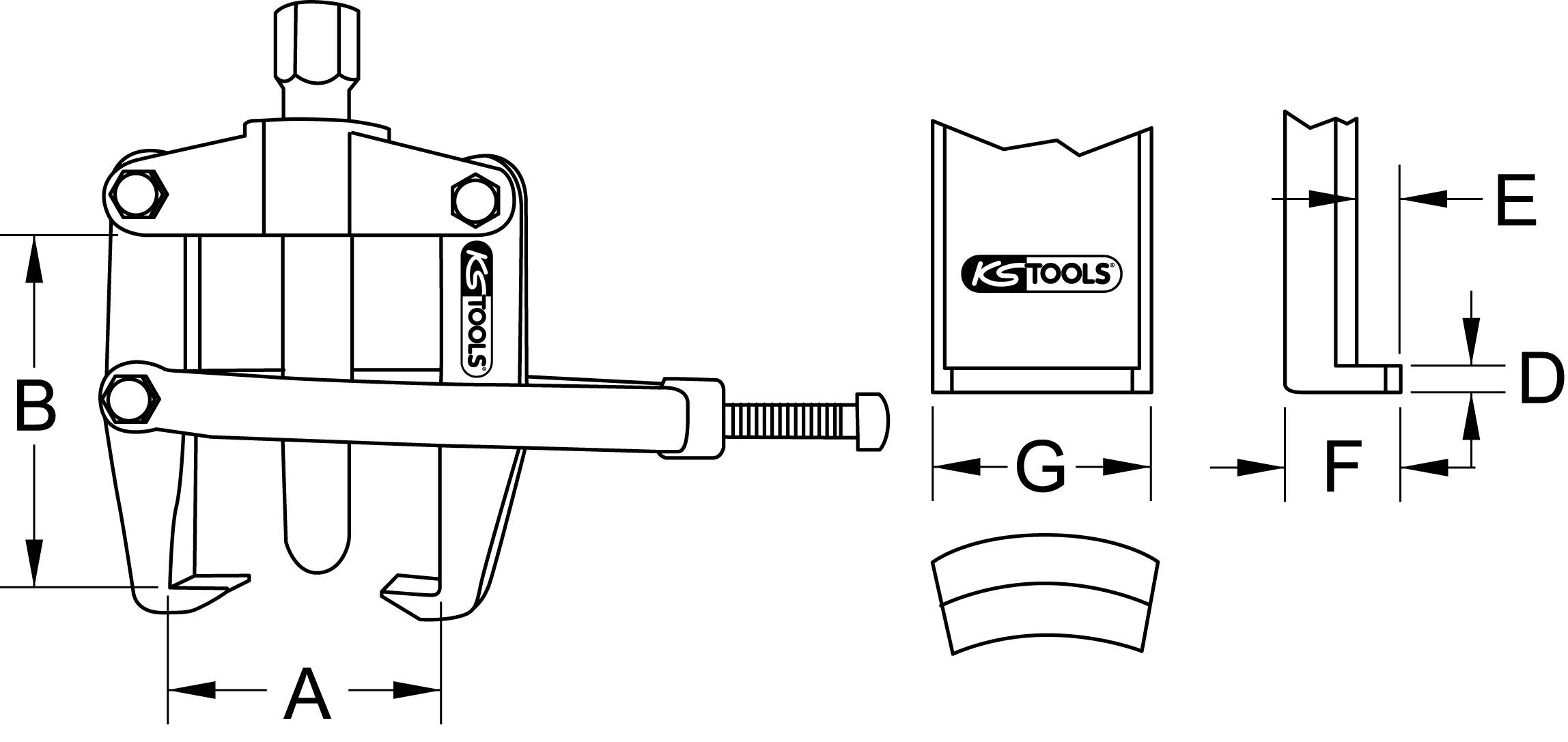 Technický výkres sťahovača od KS Tools s rozmermi A, B, D, E, F, G. Zobrazuje pohľad z boku a jednotlivé komponenty.