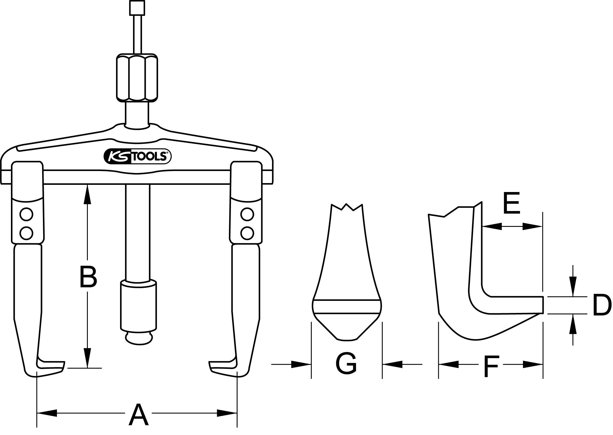 Diagram sťahovača 'KS Tools': Zobrazuje trojnožkový nástroj (A, B) s háčikmi (G, E, F, D) na vyberanie súčiastok.