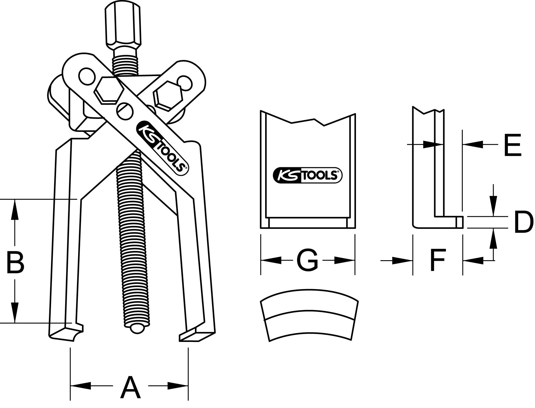 'KS Tools' sťahovacia prípravka, technický výkres. Zobrazuje čelný pohľad s rozmermi A, B; detailný pohľad s rozmermi E, D, F, G.