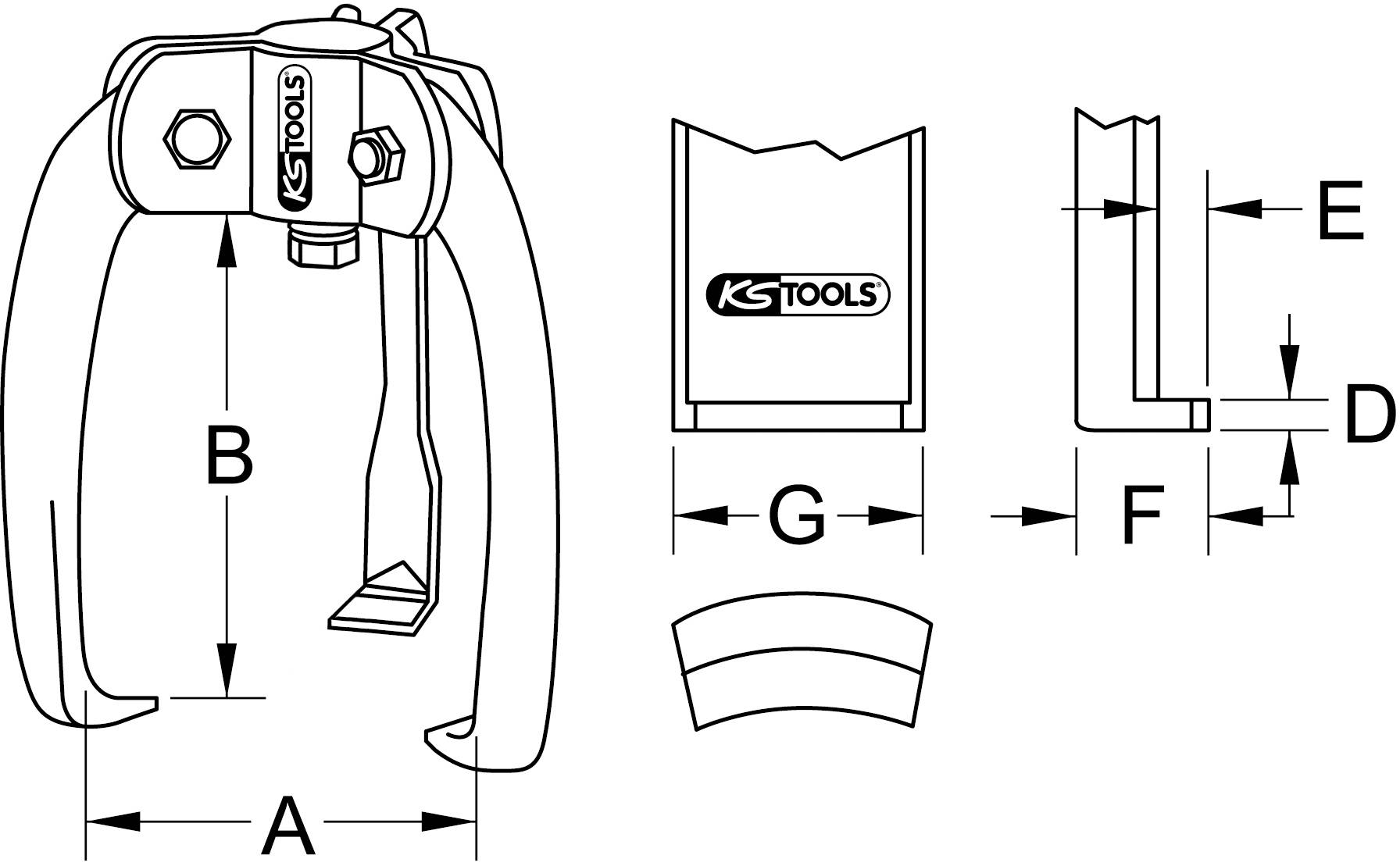 Technický výkres sťahováka s rozmermi: A (šírka), B (výška), D, E, F, G. Hore logo KS Tools.