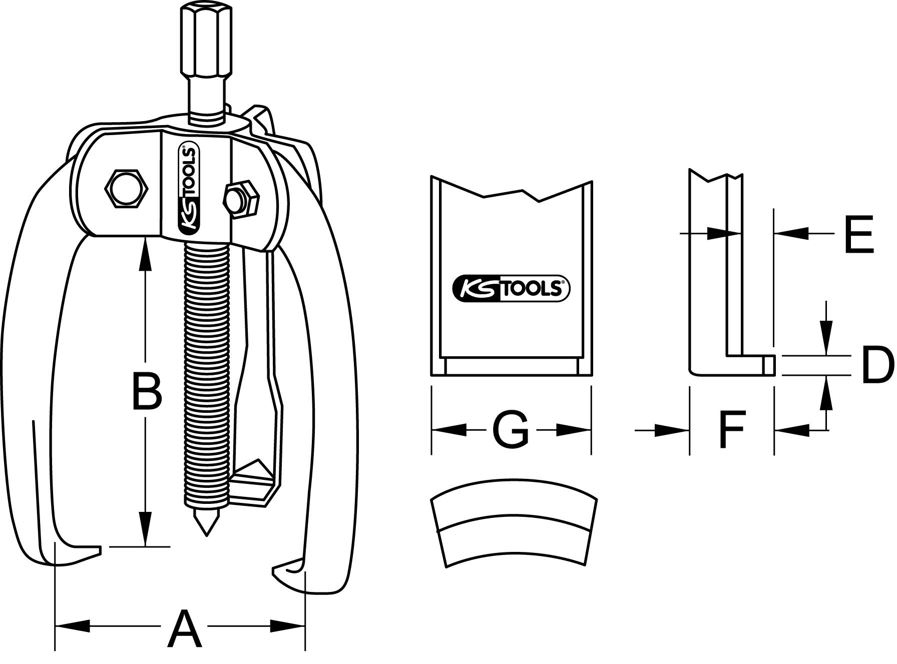 Sťahovacia súprava so skrutkovým mechanizmom. Rozmerové údaje: A, B, D, E, F, G. Logo 'KS TOOLS' na zariadení a výkresovej mierke.